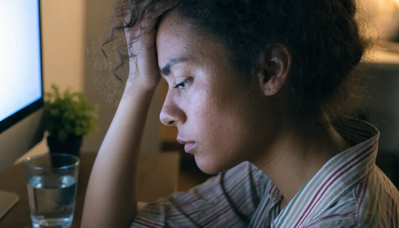 Žena za radnim stolom u kasno poslijepodne, lice osvijetljeno ekranom dok se naginje prema laptopu